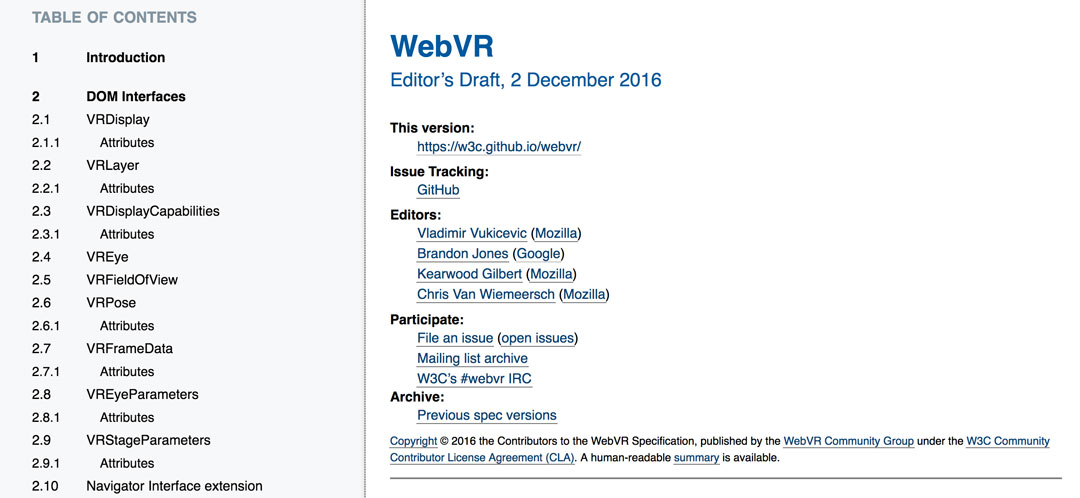 WebVR W3C specification